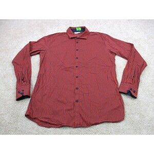 KJUS Shirt Mens Large 52 Red Blue Check Cotton Long Sleeve Casual Button Up